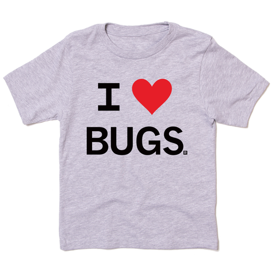 Heather grey t-shirt featuring the text I [red heart] BUGS printed on the front.