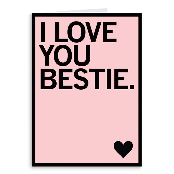 A pastel pink greeting card with a black boarder and black text that reads 