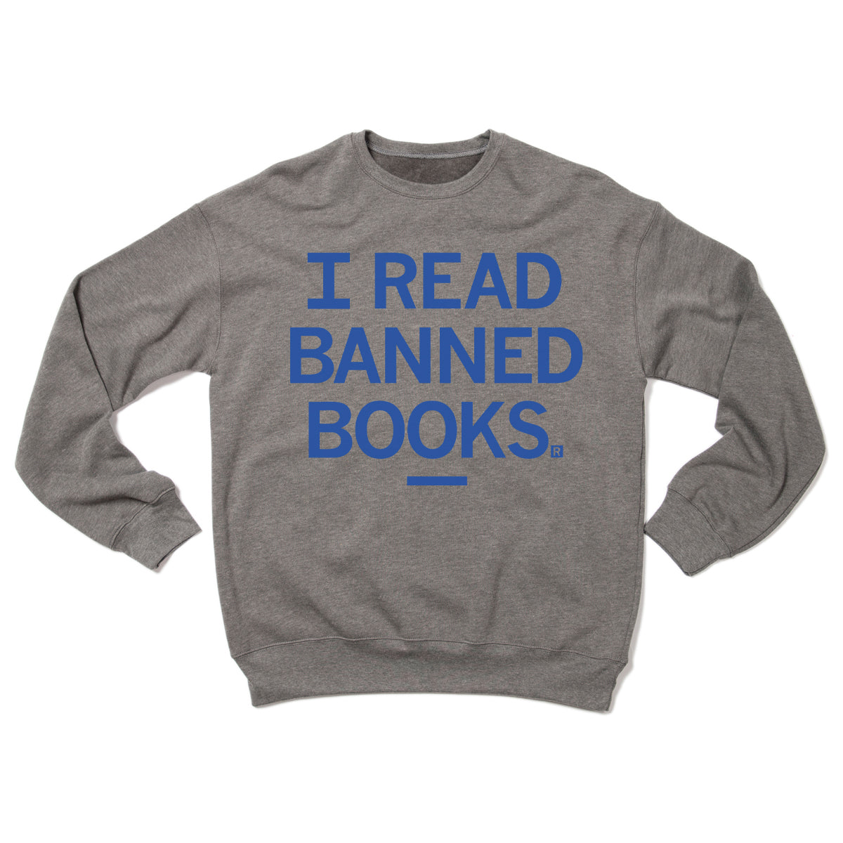 Grey union-made crewneck sweatshirt featuring the blue ACLU text I READ BANNED BOOKS.