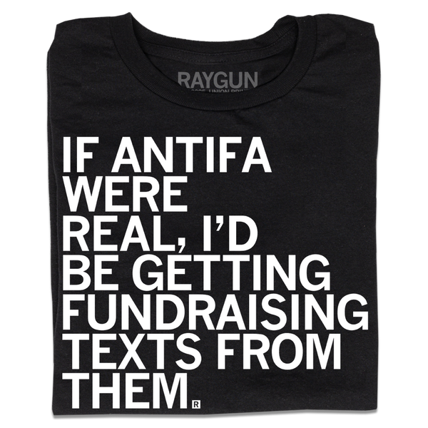 Black shirt with white text that says, 