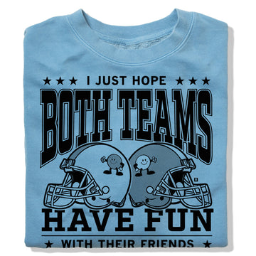 Light blue RAYGUN crew sweatshirt featuring a graphic of two football helmets and the text, I just hope both teams have fun with their friends.