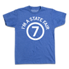 Heather royal blue t-shirt with a white circular graphic that reads IM A STATE FAIR 7.
