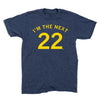 Navy blue RAYGUN crewneck t-shirt with IM THE NEXT 22 printed in yellow text on the chest.