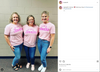 Three women stand in a row wearing blue jeans and union made, matching pink t-shirts that read My job is... books in a Barbie-inspired font.