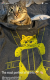 A tabby cat sits behind a charcoal black RAYGUN t-shirt featuring a yellow graphic of a cat in a baby carrier.