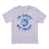 Light grey RAYGUN t-shirt featuring a blue graphic of a bulldog face and the text IN GRIFF WE TRUST, a nod to the Drake University mascot.