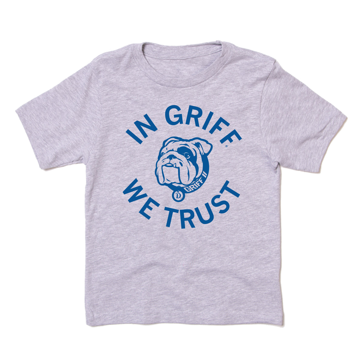 Light grey RAYGUN t-shirt featuring a blue graphic of a bulldog face and the text IN GRIFF WE TRUST, a nod to the Drake University mascot.