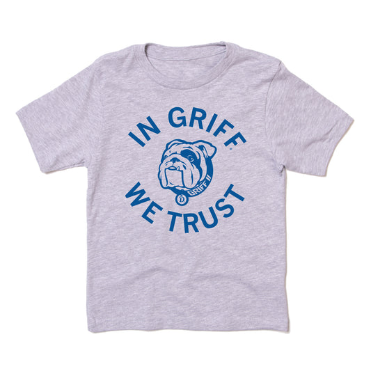 Light grey RAYGUN t-shirt featuring a blue graphic of a bulldog face and the text IN GRIFF WE TRUST, a nod to the Drake University mascot.