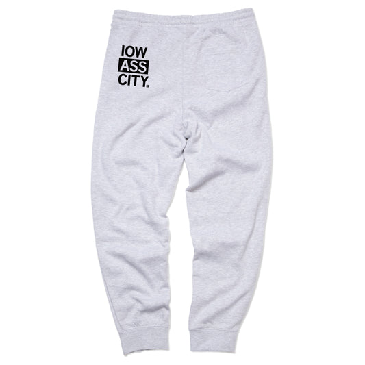 Heather gray RAYGUN sweatpants featuring IOW ASS CITY printed in a black square on the back right pocket area.