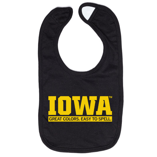 Black 100% cotton baby bib featuring IOWA in gold screen print above the slogan GREAT COLORS. EASY TO SPELL.
