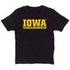 Officially licensed black crew neck T-shirt featuring IOWA in large yellow letters with the text GREAT COLORS. EASY TO SPELL. printed below.