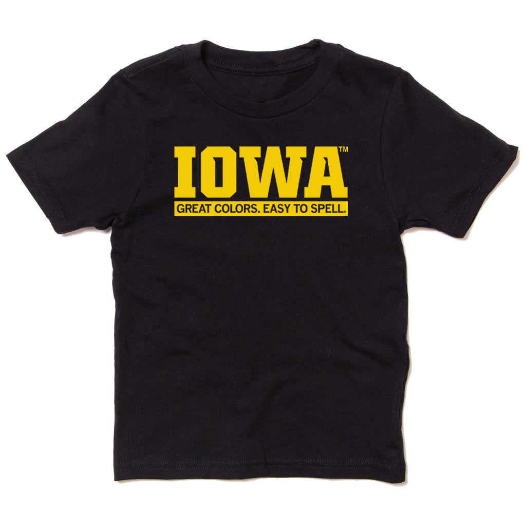 Officially licensed black crew neck T-shirt featuring IOWA in large yellow letters with the text GREAT COLORS. EASY TO SPELL. printed below.