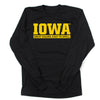Black long-sleeve officially licensed Iowa t-shirt with yellow text reading IOWA and GREAT COLORS. EASY TO SPELL.