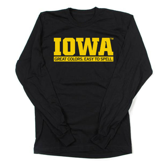 Black long-sleeve officially licensed Iowa t-shirt with yellow text reading IOWA and GREAT COLORS. EASY TO SPELL.