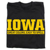 Officially licensed black Iowa t-shirt featuring the yellow text IOWA above the slogan GREAT COLORS. EASY TO SPELL. inside a yellow horizontal bar.