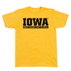 Heather yellow RAYGUN apparel t-shirt with black text that reads IOWA above the phrase GREAT COLORS. EASY TO SPELL.