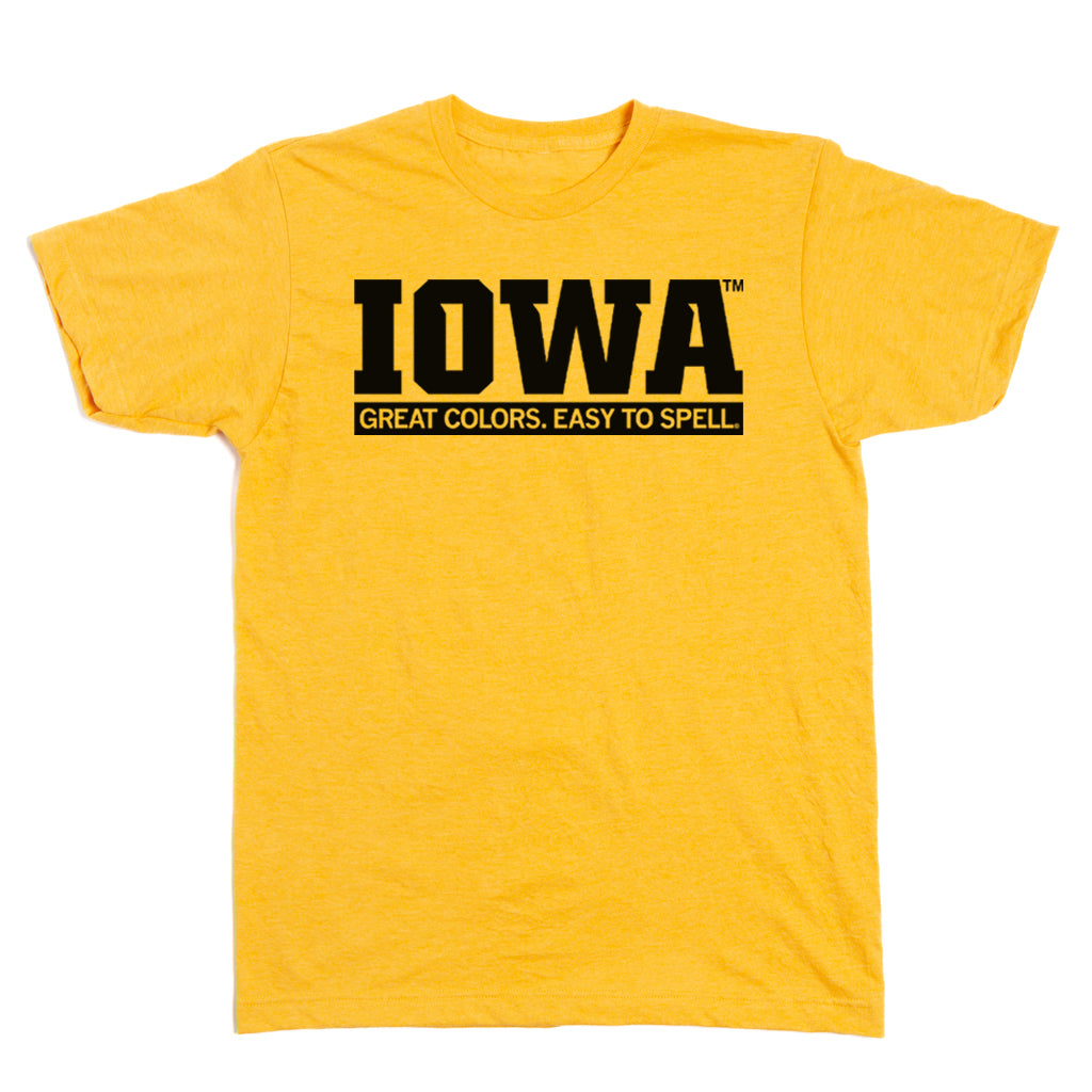 Heather yellow RAYGUN apparel t-shirt with black text that reads IOWA above the phrase GREAT COLORS. EASY TO SPELL.