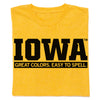 Heather yellow RAYGUN apparel t-shirt with the black text IOWA and the phrase GREAT COLORS. EASY TO SPELL. printed below it.