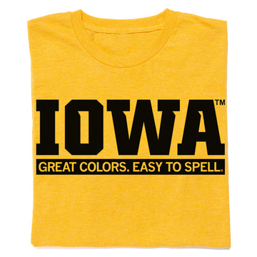 Heather yellow RAYGUN apparel t-shirt with the black text IOWA and the phrase GREAT COLORS. EASY TO SPELL. printed below it.