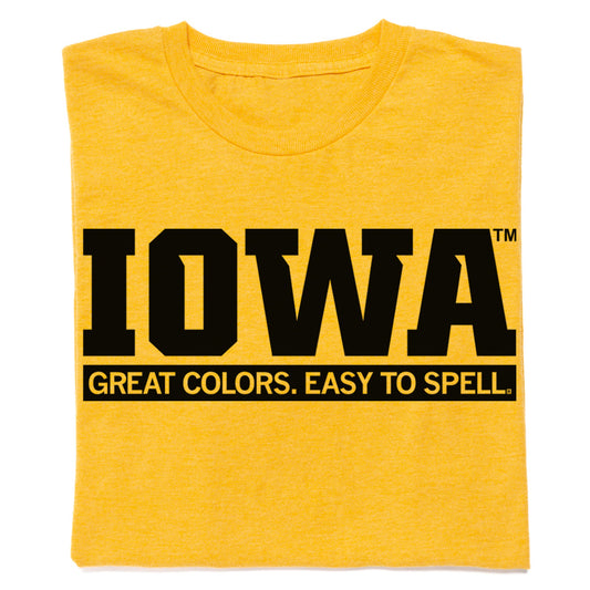 Heather yellow RAYGUN apparel t-shirt with the black text IOWA and the phrase GREAT COLORS. EASY TO SPELL. printed below it.