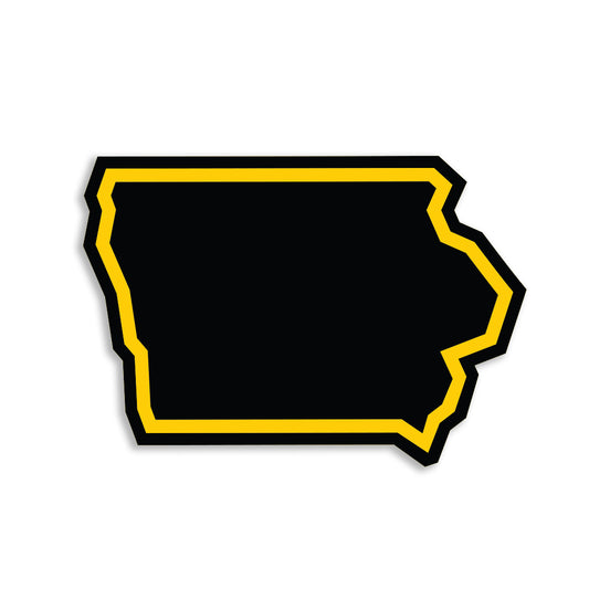 Black outline of the state of Iowa with a yellow border on a vinyl sticker.