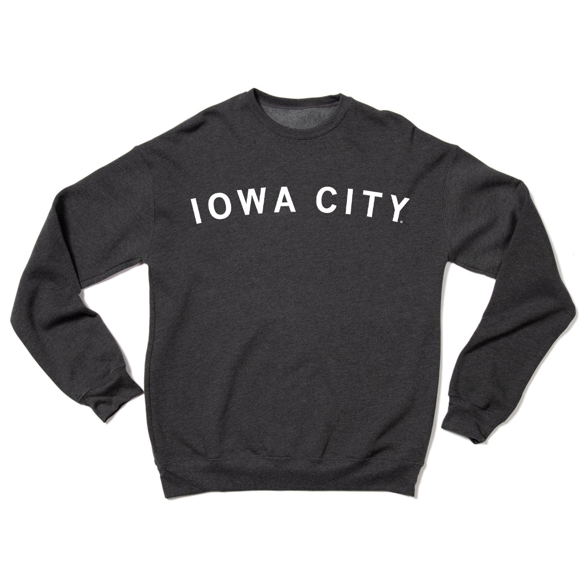 Dark gray union made crewneck sweatshirt with IOWA CITY printed in white letters across the chest.