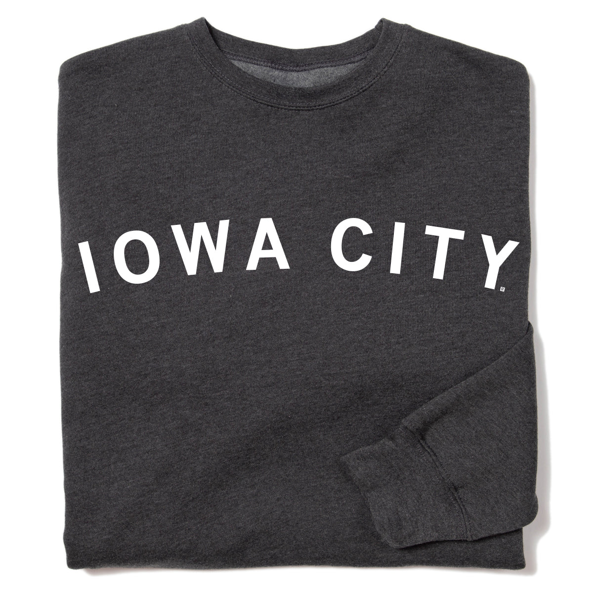 Dark gray RAYGUN crewneck sweatshirt with IOWA CITY printed in white capital letters across the chest.