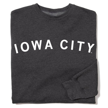 Dark gray RAYGUN crewneck sweatshirt with IOWA CITY printed in white capital letters across the chest.
