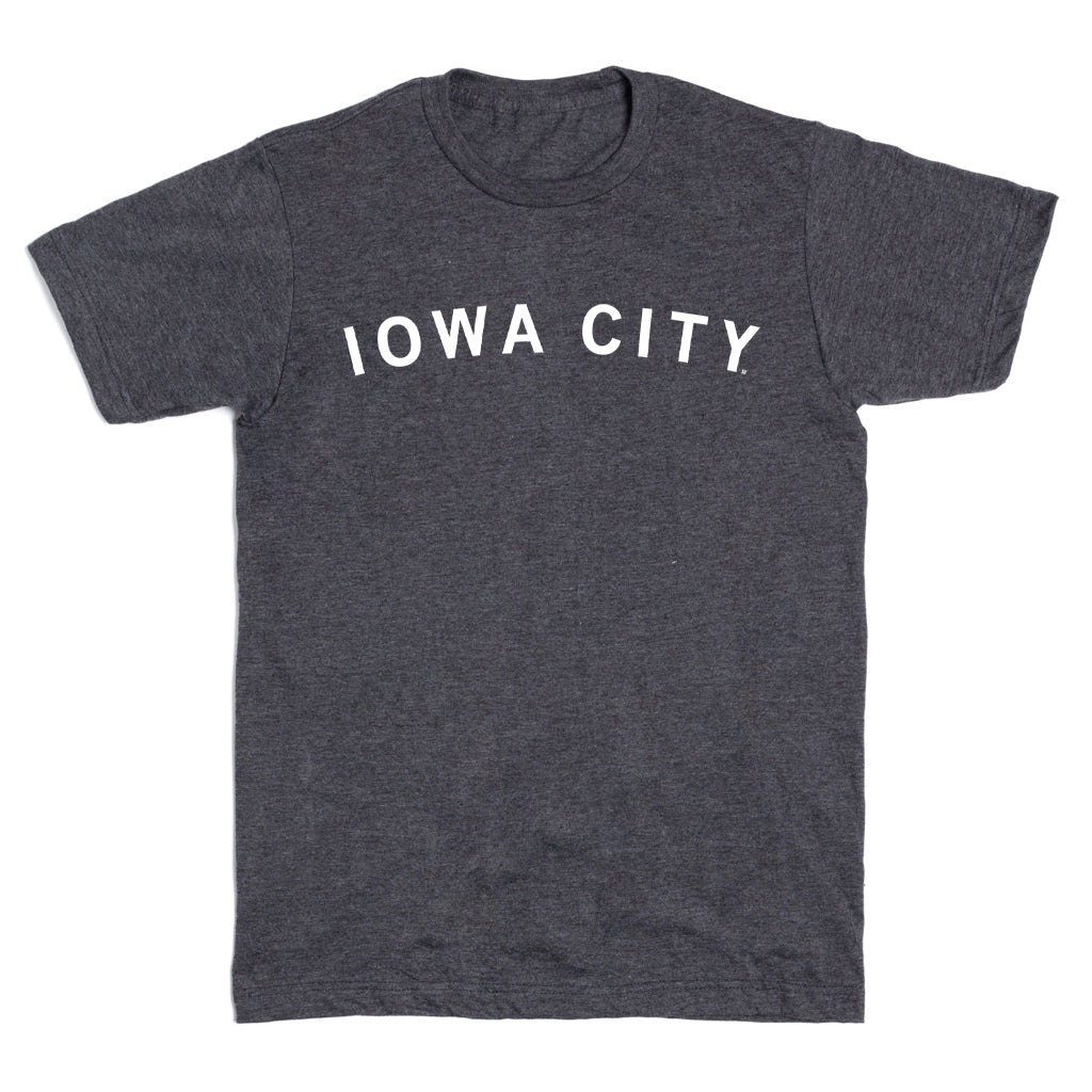 Charcoal gray RAYGUN T-shirt with IOWA CITY printed in white lettering across the chest.