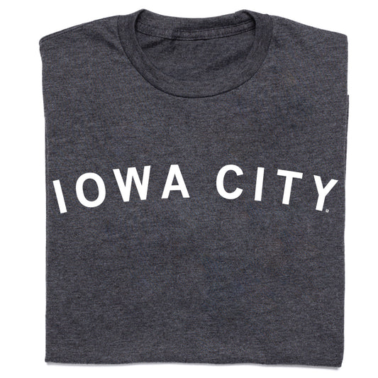 Charcoal gray RAYGUN T-shirt with IOWA CITY printed in white capital letters across the chest.