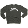 Dark gray union-made RAYGUN crewneck sweatshirt with IOWA printed in white letters across the chest.