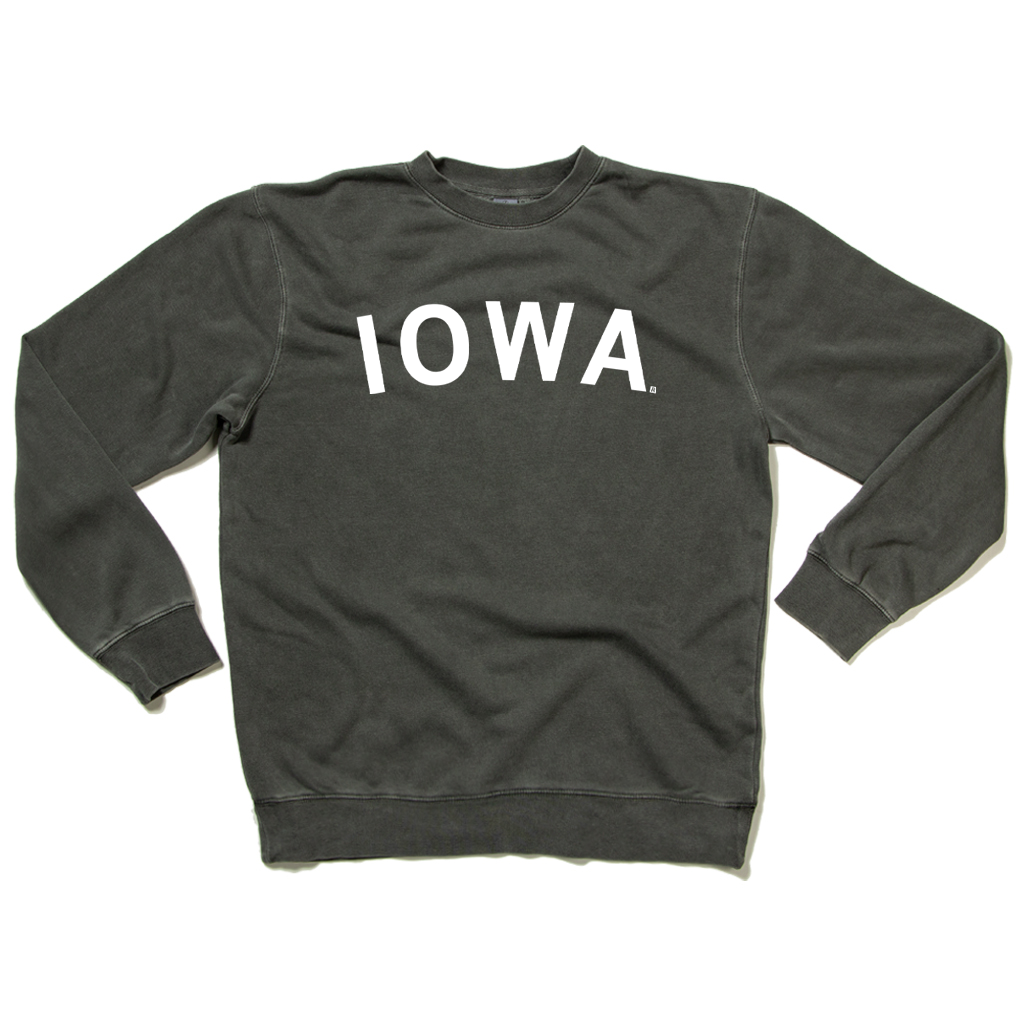 Dark gray union-made RAYGUN crewneck sweatshirt with IOWA printed in white letters across the chest.
