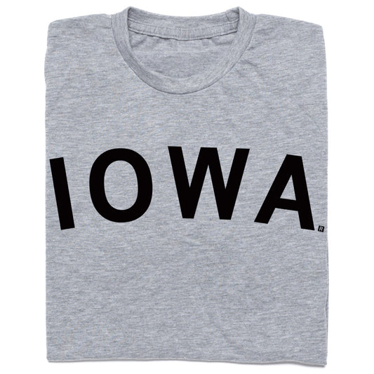 Heather grey crew neck t-shirt with the word IOWA printed in large black letters across the chest.
