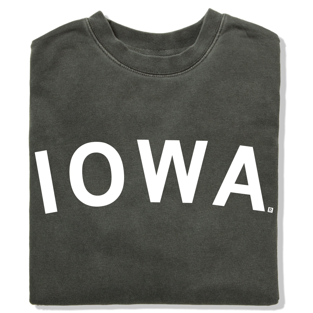 Folded dark gray RAYGUN sweatshirt with IOWA printed in large white capital letters across the front.