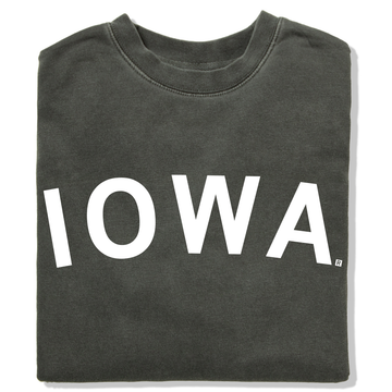 Folded dark gray RAYGUN sweatshirt with IOWA printed in large white capital letters across the front.