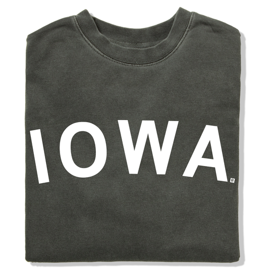 Folded dark gray RAYGUN sweatshirt with IOWA printed in large white capital letters across the front.