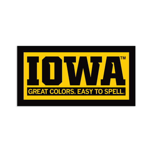 Black and yellow die-cut vinyl sticker with the text IOWA and the tagline GREAT COLORS. EASY TO SPELL.