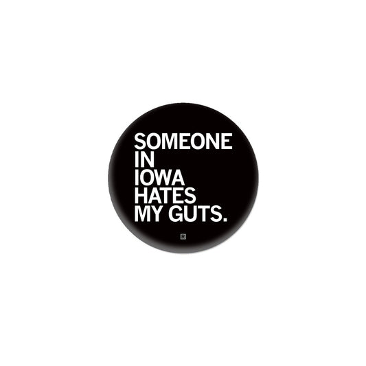 A circular black RAYGUN button with white text that reads, SOMEONE IN IOWA HATES MY GUTS.