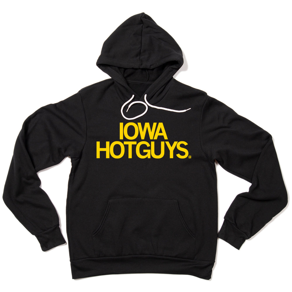 A black pullover hoodie with two centered lines of gold text that read "Iowa Hotguys"