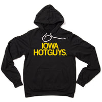A black pullover hoodie with two centered lines of gold text that read "Iowa Hotguys"