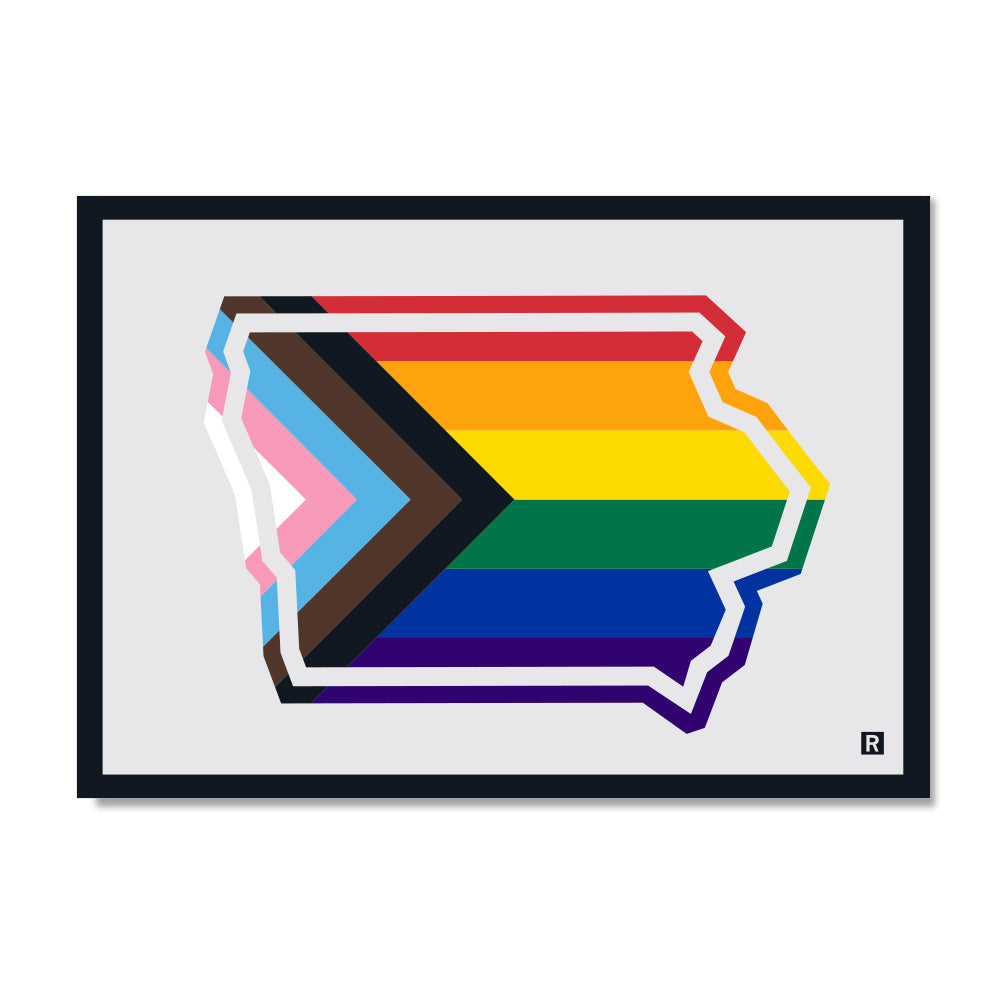 A graphic of the state of Iowa filled with the Progress Pride flag, set against a light gray background with a black border, in the style of RAYGUN.