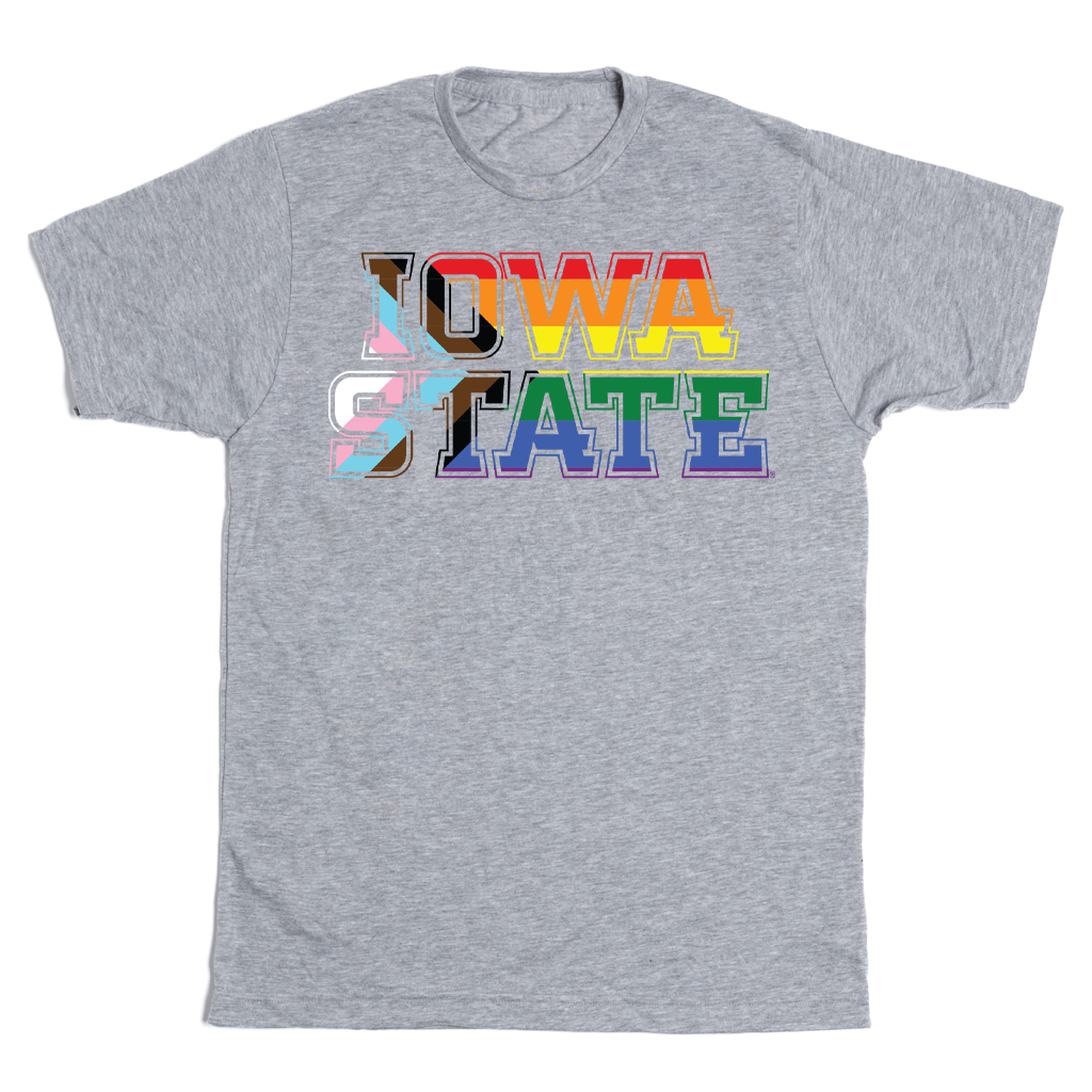 Officially licensed grey Iowa State t-shirt featuring the text IOWA STATE in a multi-colored pride design.