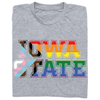 Officially licensed gray t-shirt featuring the text IOWA STATE in block letters filled with progress pride flag colors.