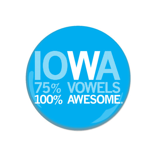 Blue circular RAYGUN pin reading IOWA 75% VOWELS 100% AWESOME in white text.