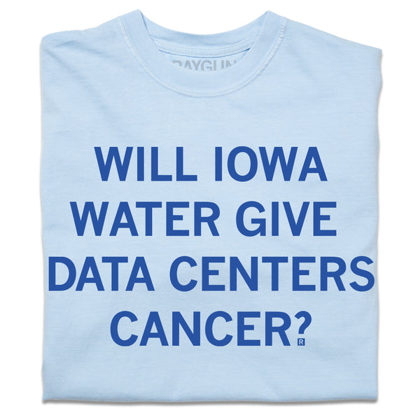 A folded light blue heavyweight t-shirt with centered blue text that reads 