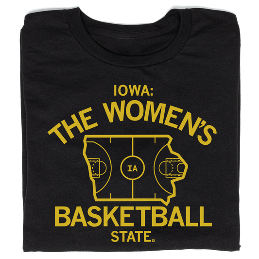 Black t-shirt with yellow 'Iowa: The Women's Basketball State' text and graphics on a white background