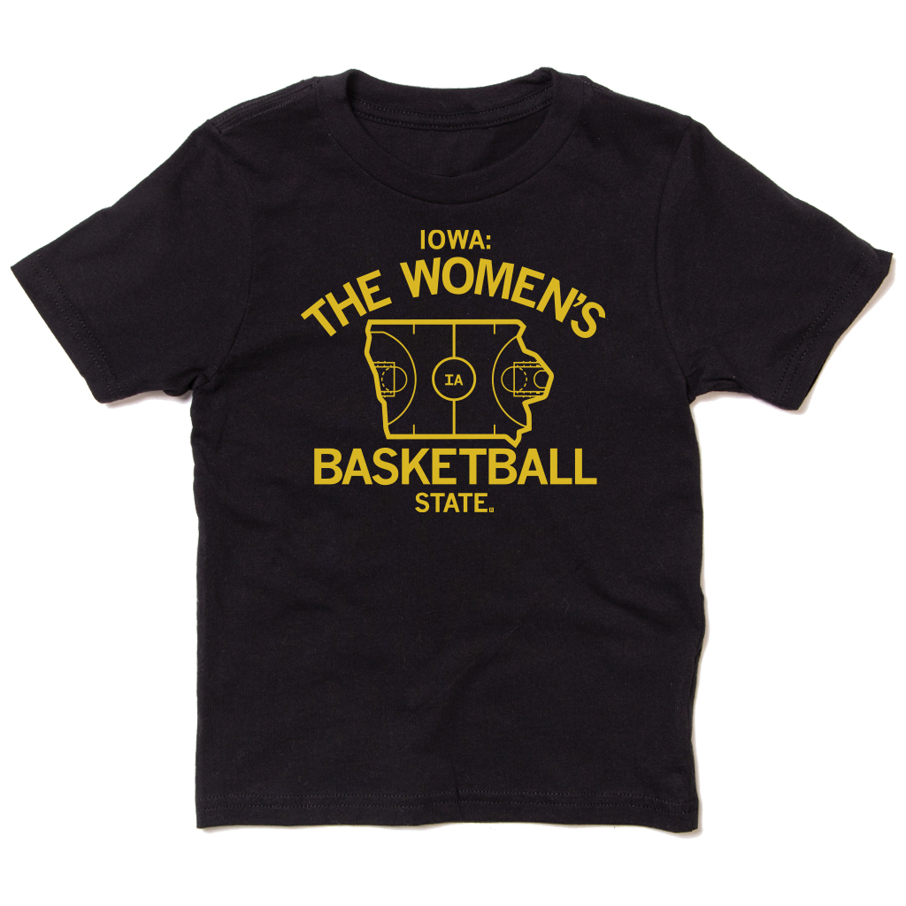 Black short-sleeved Iowa women’s basketball t-shirt with yellow text that reads Iowa: The Womens Basketball State surrounding an outline of the state of Iowa shaped like a basketball court.