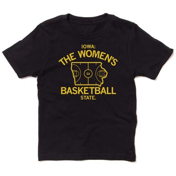 Black short-sleeved Iowa women’s basketball t-shirt with yellow text that reads Iowa: The Womens Basketball State surrounding an outline of the state of Iowa shaped like a basketball court.