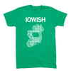 Heather green T-shirt featuring the word IOWISH above a white outline of Ireland filled with shamrocks, containing an outline of the state of Iowa in the center.