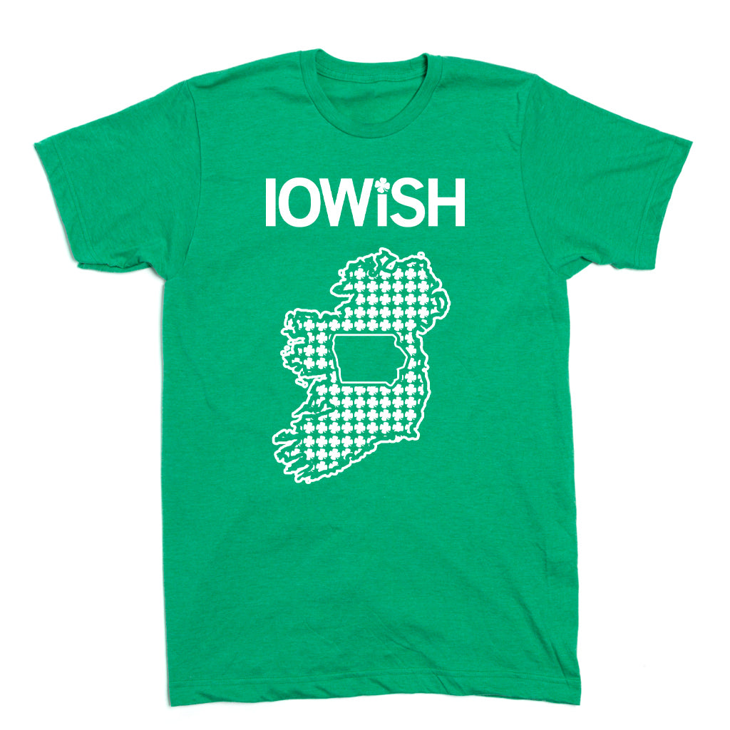 Heather green T-shirt featuring the word IOWISH above a white outline of Ireland filled with shamrocks, containing an outline of the state of Iowa in the center.